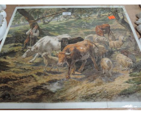 A large ceramic tile with transfer print of cattle and farmer AF