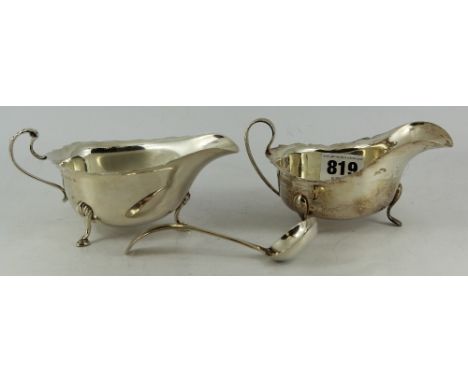 pair of hallmarked silver sauce boats - classical style and hallmarked silver ladle  217g