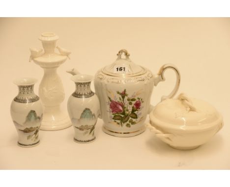 A musical tea for two tea pot together with a creamware bowl similar candle stick and 2 small Japanese vases