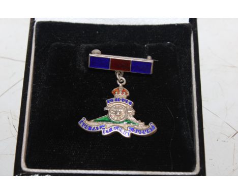 James Fenton, vintage enamelled silver Royal Artillery brooch with enamelled medal ribbon