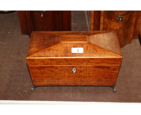 An early 19th Century mahogany sarcophagus shaped tea caddy with twin compartments and mixing bowl