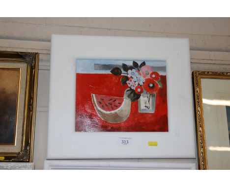 Unsigned acrylic on board, still life study with melon