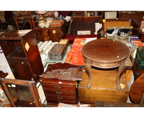 An Edwardian mahogany hanging wall shelf; a white painted 1930's barley twist tea trolley; a mahogany bedside cupboard; a dec