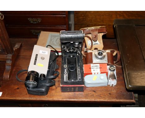 A collection of vintage camera equipment to include Olympus, Pen 8 EE, Kodak pocket camera, Agfa etc.