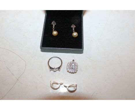 A vintage 935 silver and marcasite pair of drop ear-rings; Sterling silver clip ear-rings and Sterling silver pendant 