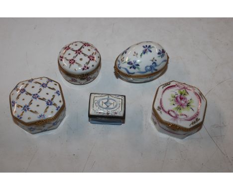 A Billston enamel decorated patch box and cover and four Limoges boxes and covers