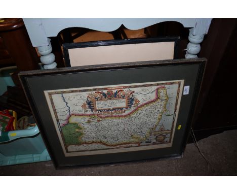 A Saxtons map of Suffolk; a pencil signed print by Robson "An Old Alley In York"; a study of a bird of prey seated on a branc