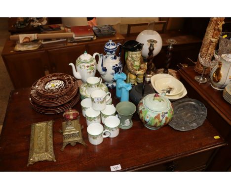 An Elizabeth II Coronation money box; a brass inkwell and matching desk stand; Wedgwood "Tamarisk" coffee ware; various other