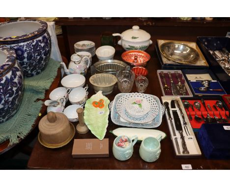 A quantity of Japanese tea ware; a Wedgwood "Florentine" pattern serving plate; various jelly moulds; a pottery tureen and la