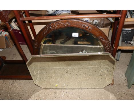 A circular oak framed bevel edged wall mirror and a frameless bevel edged wall mirror 