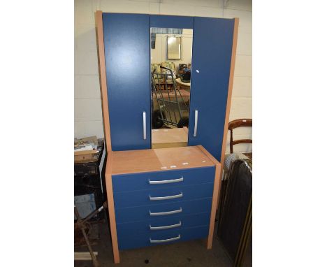 MODERN LIGHT WOOD AND BLUE FINISH TRIPLE DOOR WARDROBE AND MATCHING FIVE DRAWER CHEST