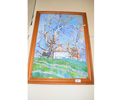 A R BEASLEY, STUDY OF COTTAGE SURROUNDED BY TREES, OIL ON BOARD, SET IN A PINE FRAME