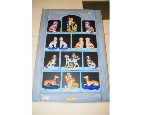 A R BEASLEY, STUDY OF STAFFORDSHIRE DOGS, OIL ON BOARD, SET IN A BLUE PAINTED FRAME, 71CM HIGH