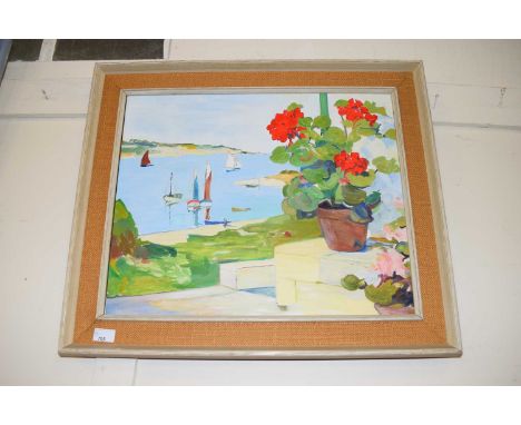A R BEASLEY, STUDY OF A COASTAL SCENE WITH GERANIUMS IN FOREGROUND, OIL ON BOARD, FRAMED, 69CM WIDE