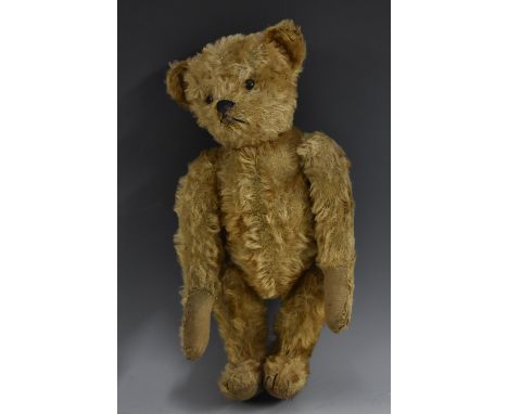 An English golden mohair jointed teddy bear, with hump,  straw filled,  button eyes, small ears, felt pads, four stitched cla