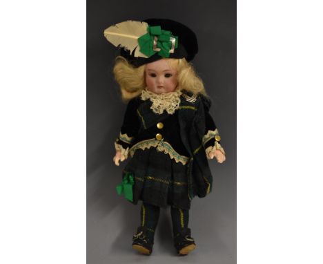 A Kammer and Reinhardt/Simon Halbig bisque head Scottish Boy Character doll, sleeping brown eyes, open mouth, long blond hair
