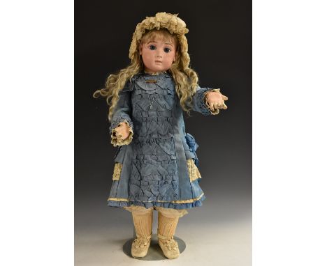 A rare Jumeau long-face Triste Bébé No.13, French, c.1890,  with fixed blue eyes, light brown brows, closed mouth,  pieced ea