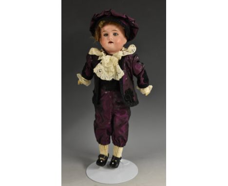 Porzellanfabrik Rauenstein - a socket head Dandy boy doll, bisque porcelain head, sleeping blue eyes, open mouth with teeth, 