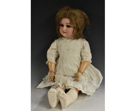 Armand Marseille - a 390 bisque socket head character doll , sleeping brown eyes, open mouth with teeth, mid length light bro