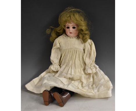 Cuno &amp; Otto Dressel - a bisque shoulder doll, fixed brown eyes, open mouth with teeth, blond ringlet curled hair, stuffed