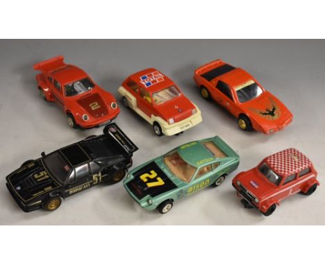 Scalextric Slot Car Racing - assorted cars inc C250 Pontiac Firebird, orange, gold wheels;  C380 Bison Computers Datsun 260Z,