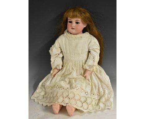 Armand Marseille - a 370 bisque shoulder head doll , sleeping brown eyes, open mouth with teeth, long light brown hair, joint