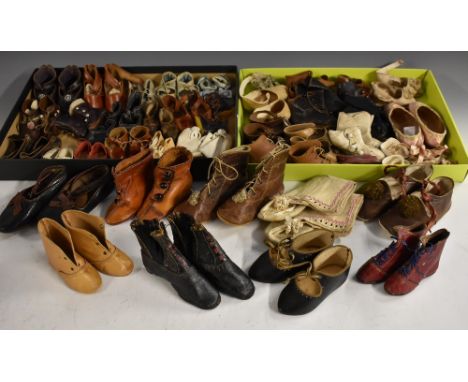 A pair of doll's satin shoes; others, leather, button sided boots; qty (3 trays)
