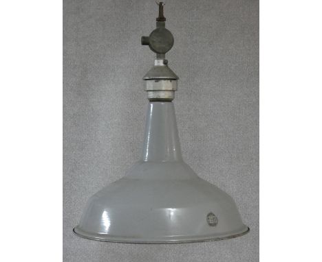 A mid century vintage pendant light shade in grey enamel, British patent mark by Benjamin lights and Benjamin R.L.M. Reflecto