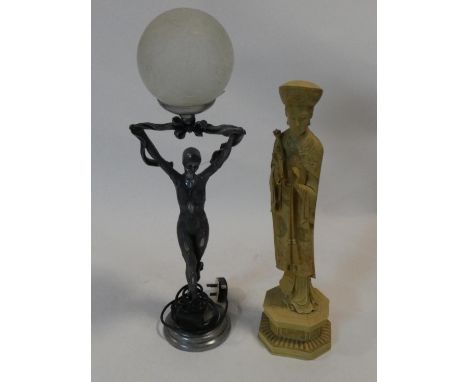 An Art Deco style figural table lamp with opaque glass globe shade and a Chinese moulded figure of a noble woman. H.66cm 