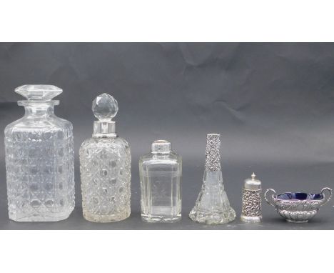 A collection of cut glass items. Including a cut glass decanter, a silver collared cut glass decanter (RP, London), a silver 