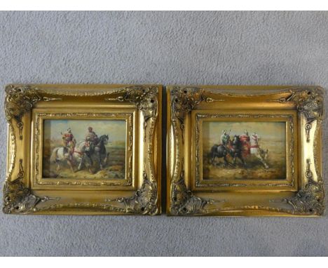 A pair of giltwood framed oils on board, warriors on horse, by R. Wilson. 31x26cm 