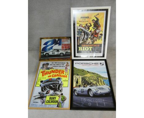 A collection of four framed vintage style film and car advertising posters. 78x108cm (largest) 