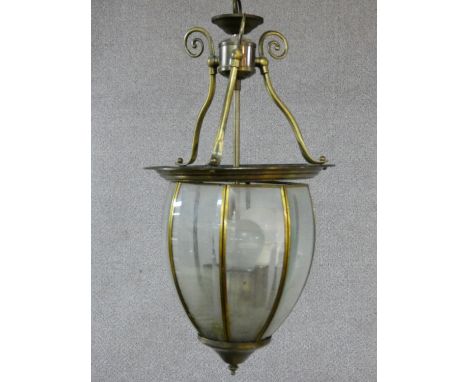 A metal framed ceiling light pendant shade with facetted glazed panel sides. H.50 W.27 D.27cm 