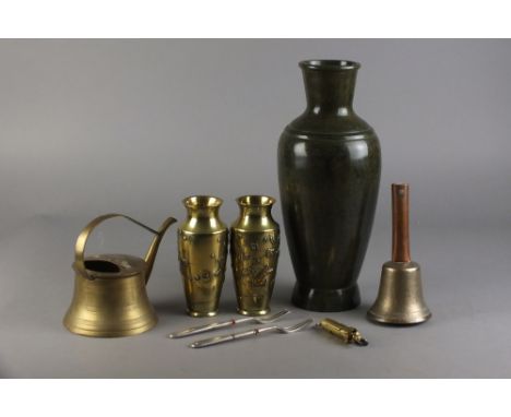 A tray to include a pair of small Japanese brass vases, 15cm high military and trench art to include a a spun brass kettle, u