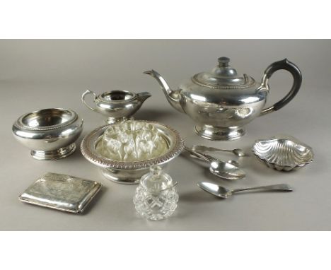 A silver butter dish in the form of a shell, together with a silver cigarette case, two silver spoons and a pair of silver su