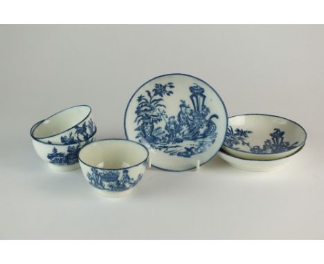 Three Caughley teabowls in the Image pattern, 8cm diameter, together with three saucers in the Bell Toy pattern, 12.5cm diame