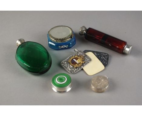 An early 20th century silver and enamel pill box, M Bros, Birmingham 1911, together with a white metal mounted double ended r