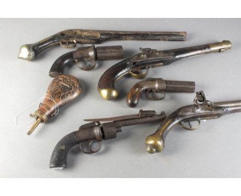 A collection of early 19th century weaponry and accessories to include an Allen's Patent six-shot percussion bar hammer pisto
