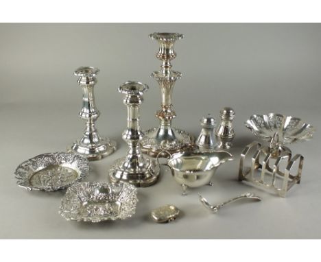 A silver four division toast rack, Emile Viner, Sheffield, together with a pair of silver mounted tapered spill vases, a Vict