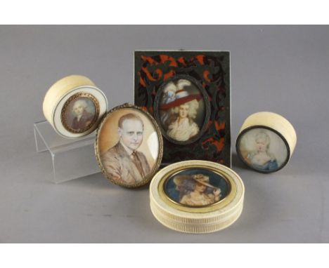 A 19th century circular ivory box with oval miniature of a gentleman to the cover, within yellow metal floral border, togethe