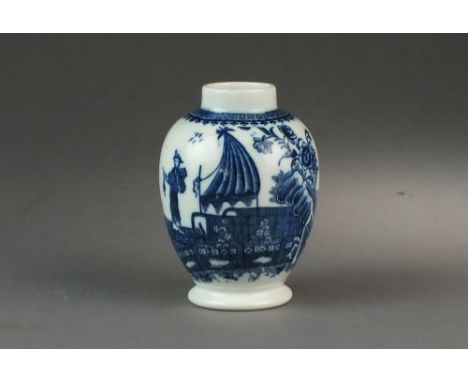 A Caughley porcelain tea canister,circa 1785-90,of high-shouldered form, lacking cover, transfer-printed in underglaze blue w