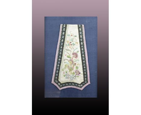 Two Chinese embroidered silk garment fragments19th CenturyThe first of apron form and worked with a rooster amid flowering pl