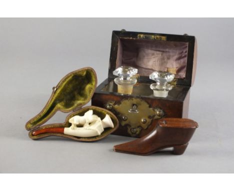 A Victorian walnut and brass mounted dome top perfume bottle box containing two glass bottles (one associated), 12.5cm, a 19t