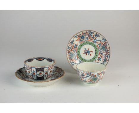 Two Worcester porcelain tea bowls and saucers, circa 1770-75; the first of lobed form in the Imari palette, decorated with a 