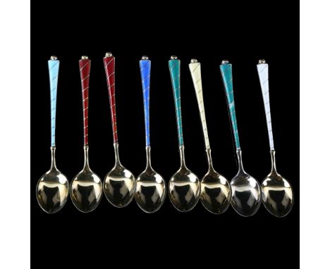 EGON LAURIDSEN - a set of 8 Danish vermeil sterling silver and harlequin enamel coffee spoons, with enamel bowl backs, length