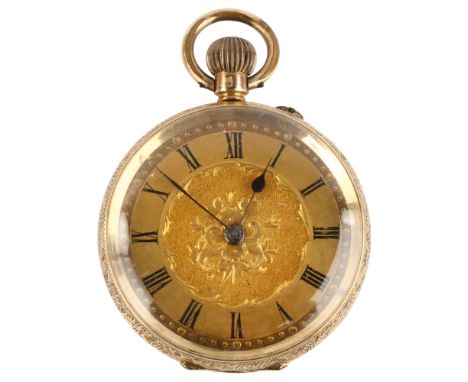 A Continental 14ct gold open-face keyless fob watch, chased and engraved gilded dial with Roman numeral hour markers, blued s