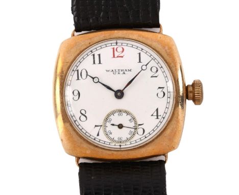 WALTHAM - an early 20th century 9ct rose gold cushion-cased mechanical wristwatch, circa 1920s, white enamel dial with Arabic