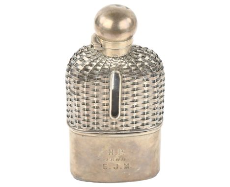 A Victorian silver-mounted glass basket weave spirit flask, with screw-lock button cap and removeable beaker, by Thomas Goodf