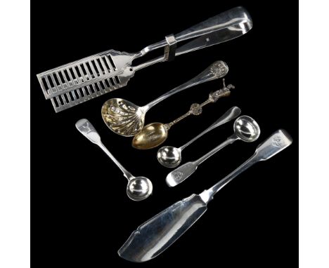 Various silver flatware, including asparagus tongs, hallmarks London 1898, 9oz total, and a silver plated mustard spoonLot so