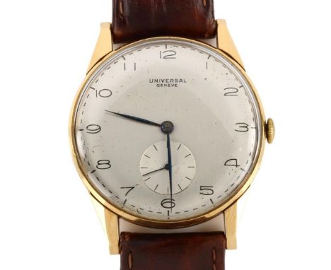 UNIVERSAL GENEVE - an 18ct gold mechanical wristwatch, ref. 11244, circa 1956, silvered dial with slimline Arabic numerals, b